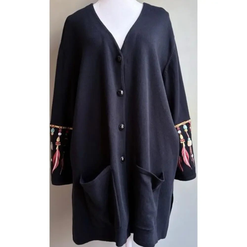 Bob Mackie Wearable Art Feather Embroidery Cardigan Sweater V-neck Black Plus 2X